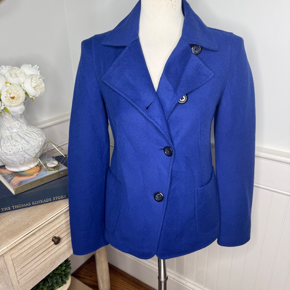 Max Mara Blue Virgin Wool Angora Cashmere Pea Coat Jacket Made in Italy Size 4